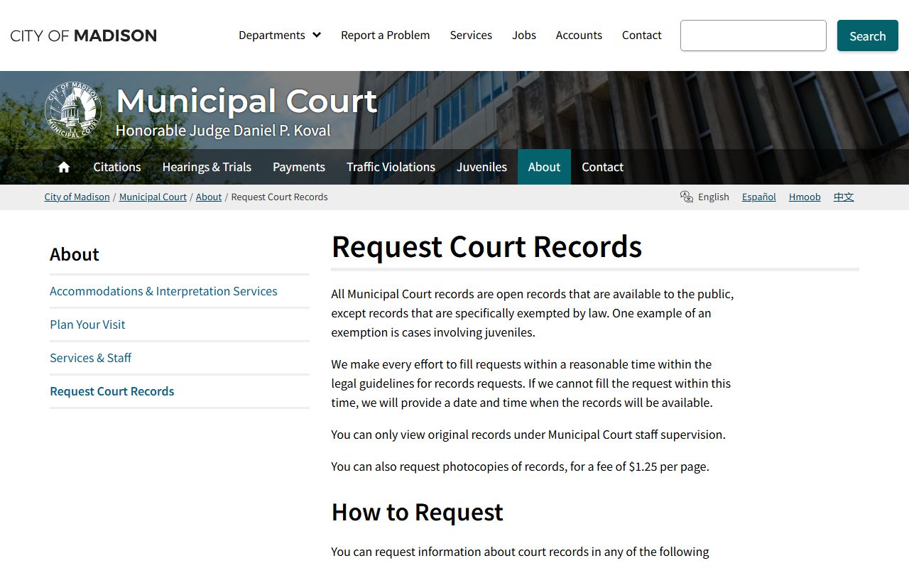 Madison Municipal Court records request page for Madison Felony Records