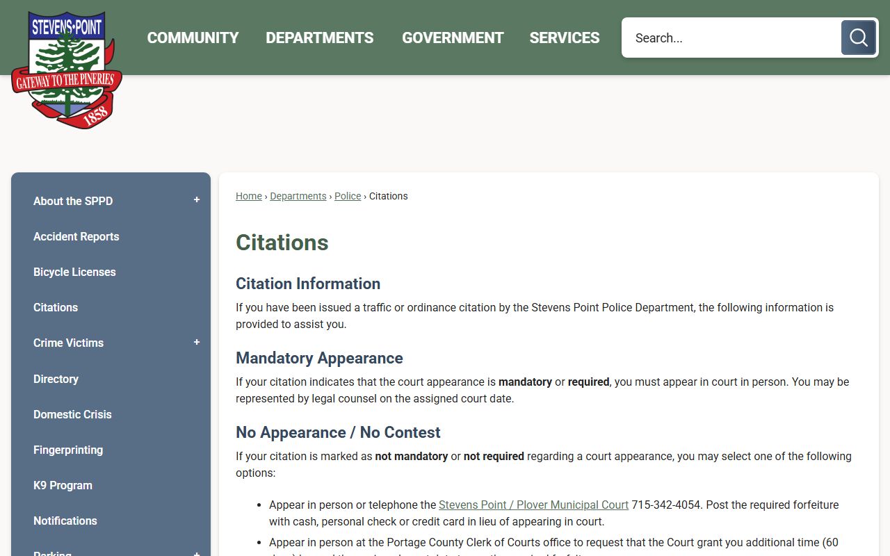 Stevens Point Municipal Court for Stevens Point Felony Records