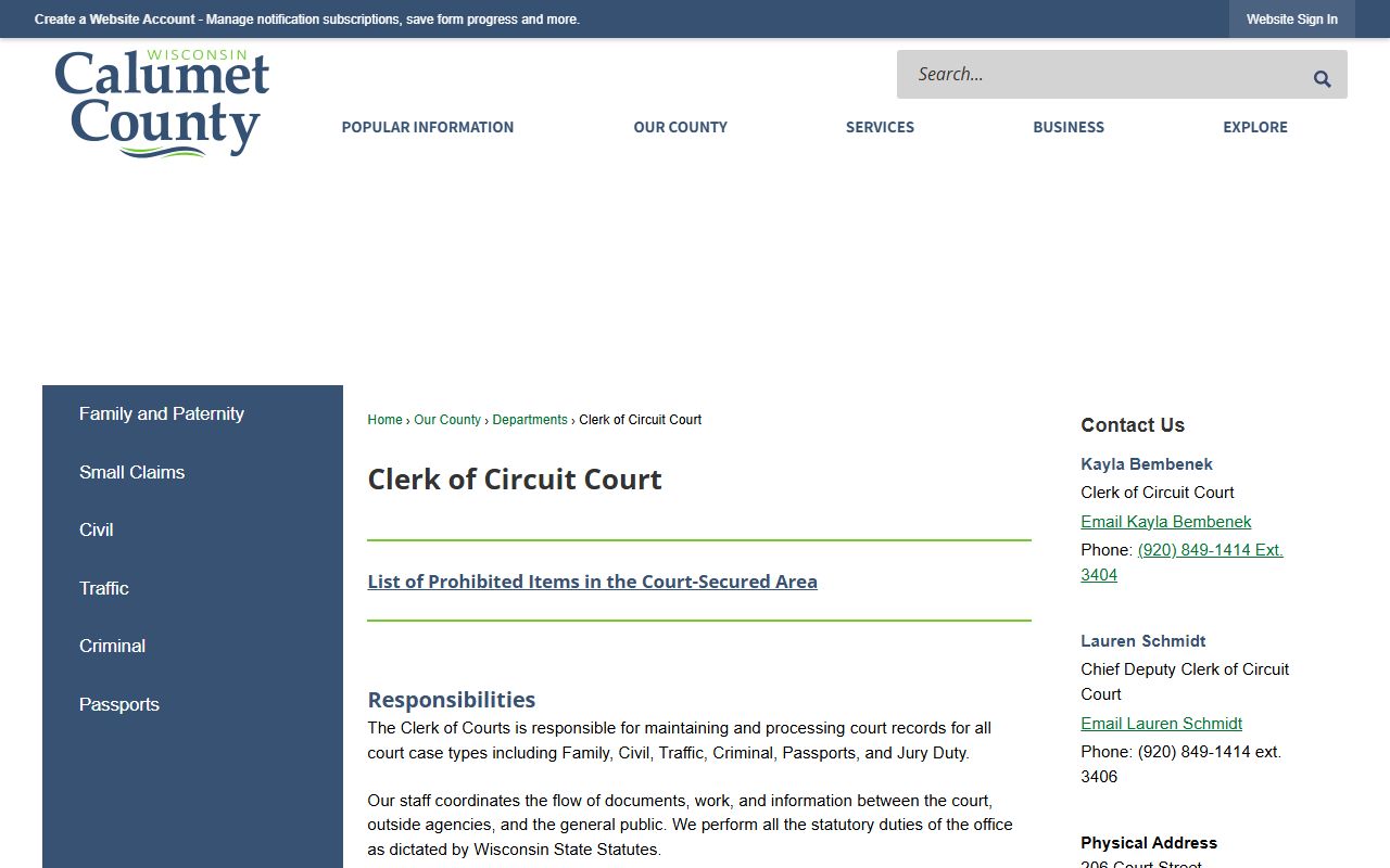 Calumet County felony records clerk office