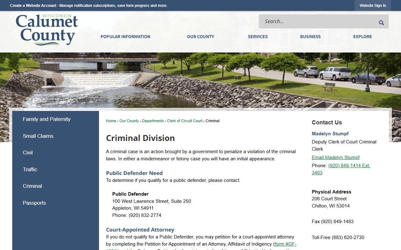 Calumet County felony records criminal division