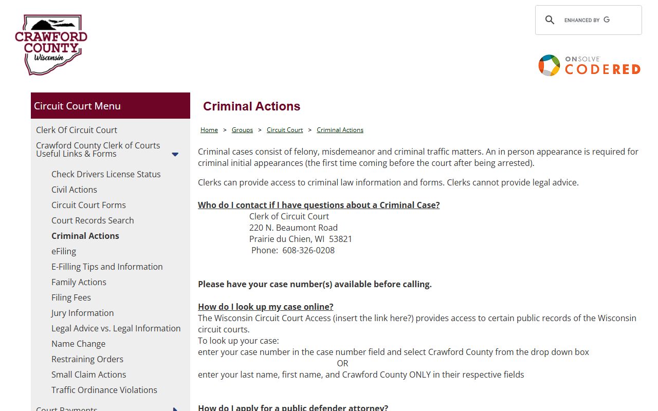 Crawford County felony records criminal actions page