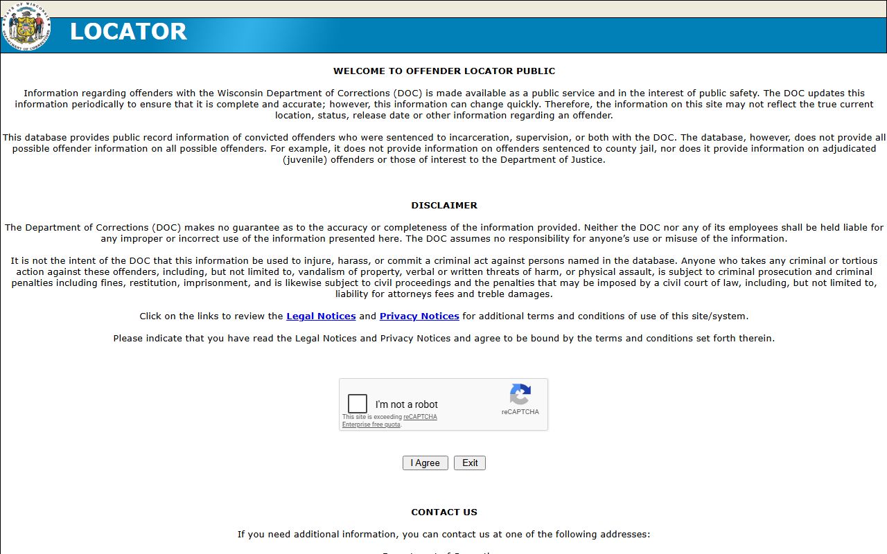 Wisconsin Department of Corrections offender locator for felony supervision records