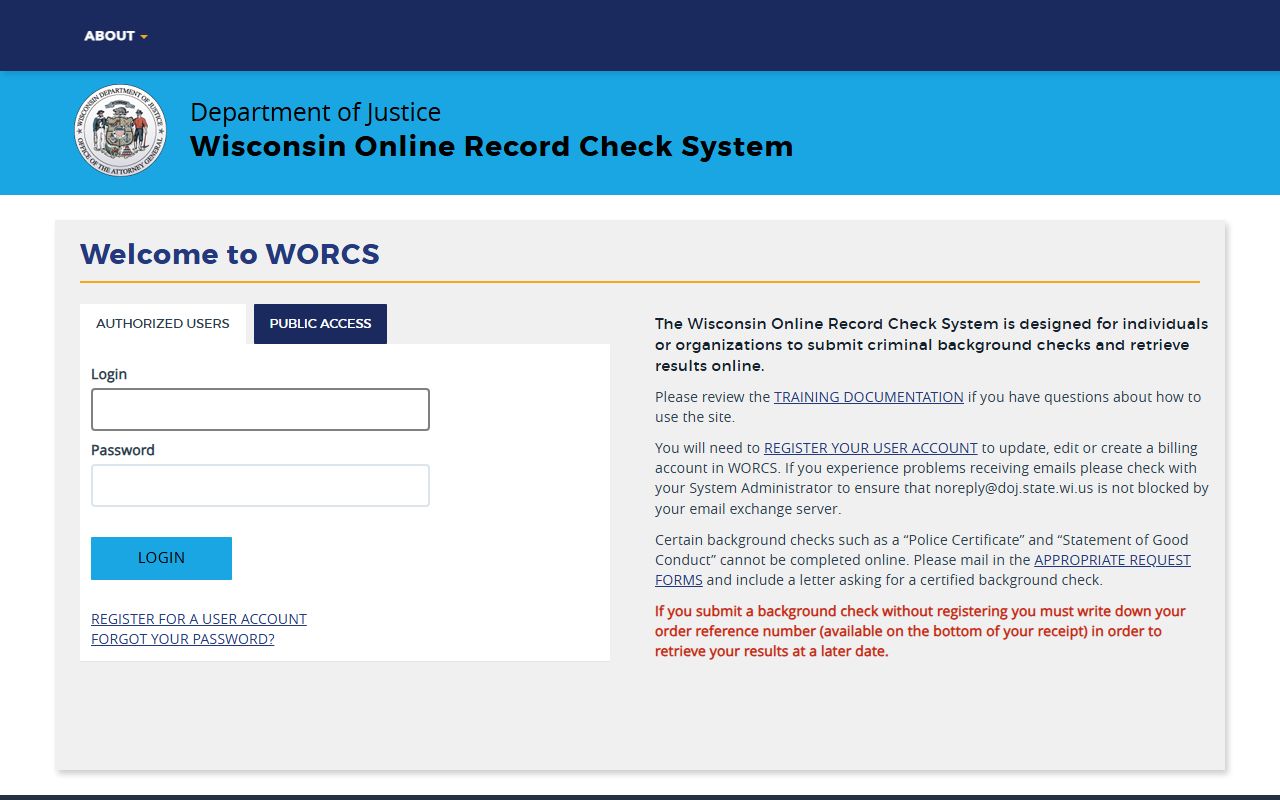 Wisconsin Online Record Check system for official criminal history searches